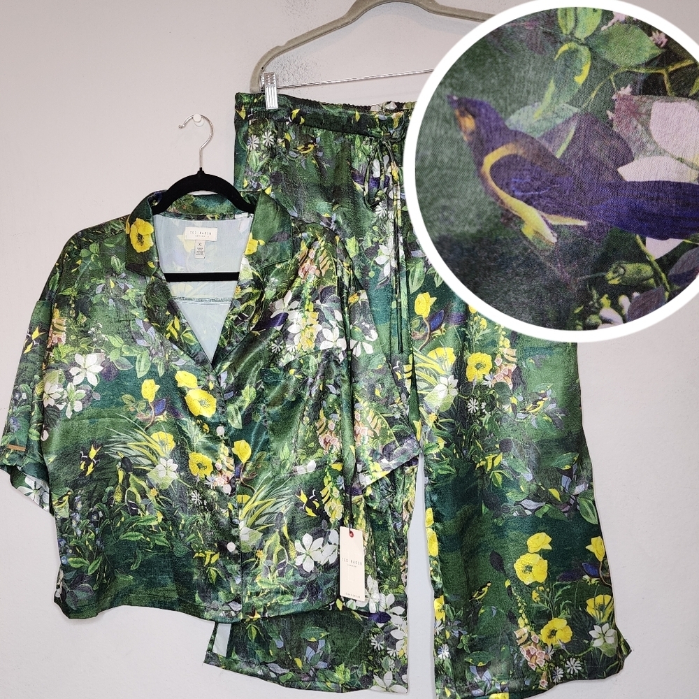 NWT Ted Baker Satin 2 Piece Pajama Set Boxy Green Botanical Birds Size XL